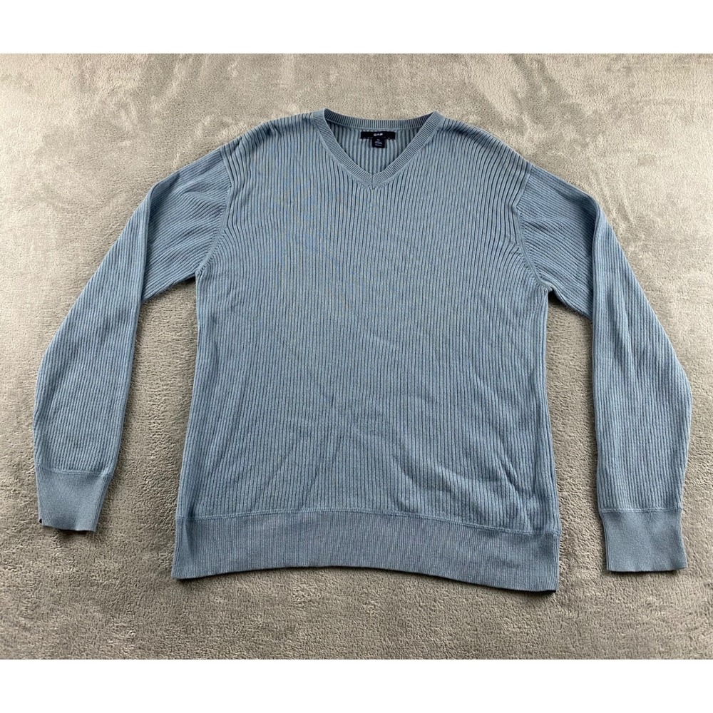 Gap Mens V-Neck Ribbed Knit Sweater XL Light Blue Long Sleeve‎ Pullover Classic